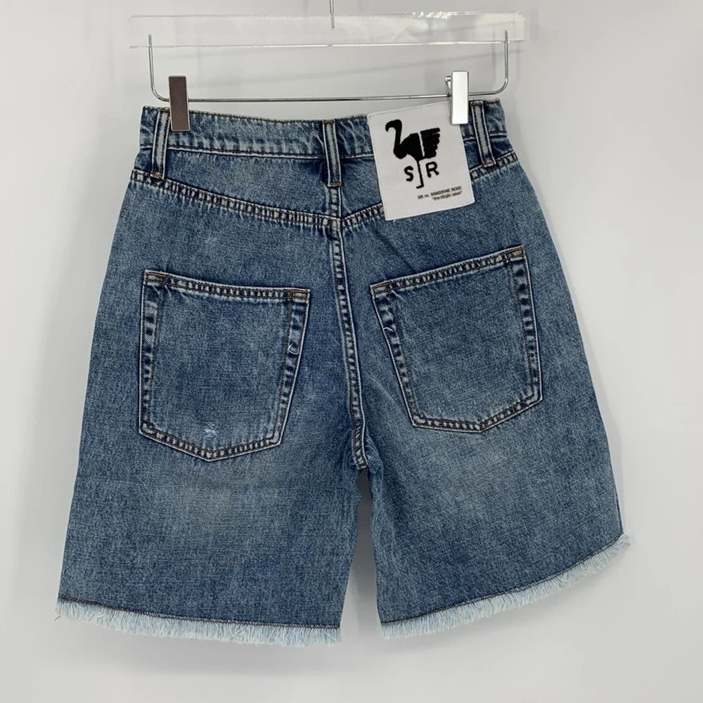 Sandrine Rose cut-off long denim jean shorts distressed frayed hem blue new 28